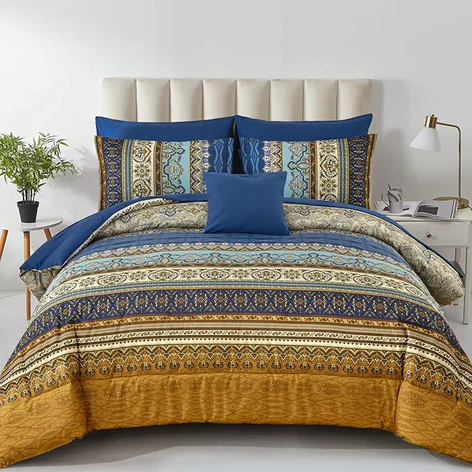 Superior Cottolester Boho King Comforter Set 8 Pieces Brown Blue Bohemian Comforter Paisley Striped Bed in A Bag Soft Microfiber Bedding Set for All Season Stylish
