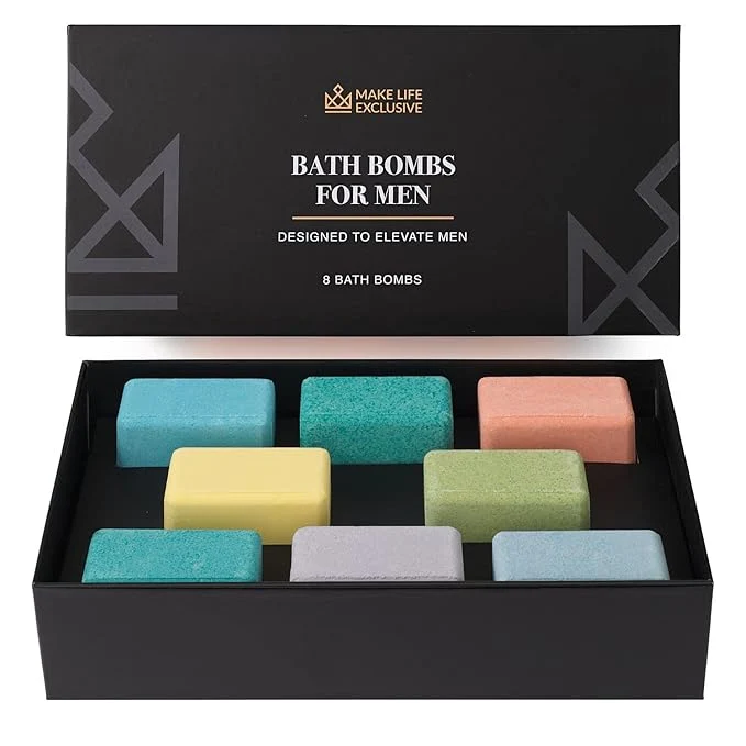 Elite Bath Bombs for Men – 8 Large Block Shape Natural Mens Bath Bombs Relaxing Reusable