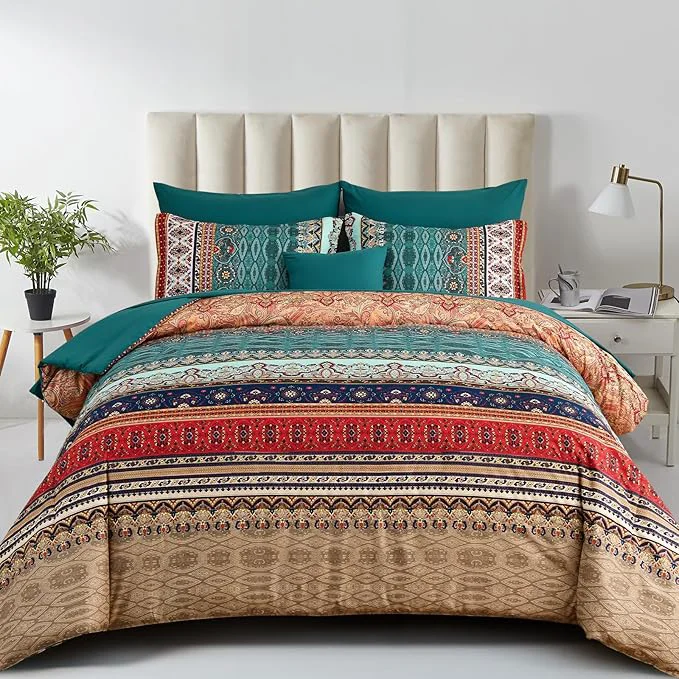 Efficient Cottolester Boho Queen Size Comforter Set 8 Pieces Green and Brown Bohemian Striped Bed in a Bag Floral Soft Microfiber Bedding Comforter Set Pure