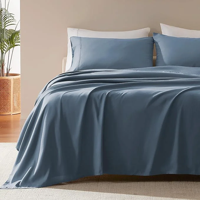 Relaxed SLEEP ZONE Nanotex Super Soft Cooling Bed Sheets Set Cal King 4 Piece – Easy Care Fitted Flat Sheet amp Pillowcase Sets – Wrinkle Fade Resistant Deep Pocket 16 quot Flint Blue Cal King Innovative