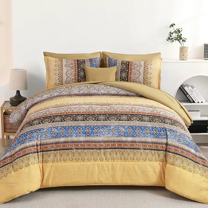 Easy-to-Use Cottolester Boho Queen Comforter Set 8 Pieces Yellow Bohemian Striped Bed in a Bag Paisley Soft Microfiber Bedding Comforter Set Classic