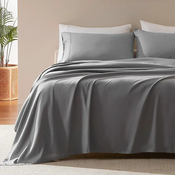 SLEEP ZONE Nanotex Super Soft Cooling Queen Bed Sheets Set 4 Piece – Easy Care Fitted Flat Sheet amp Pillowcase Sets – Wrinkle Fade Resistant Deep Pocket 16 quot Gull Gray Queen Professional