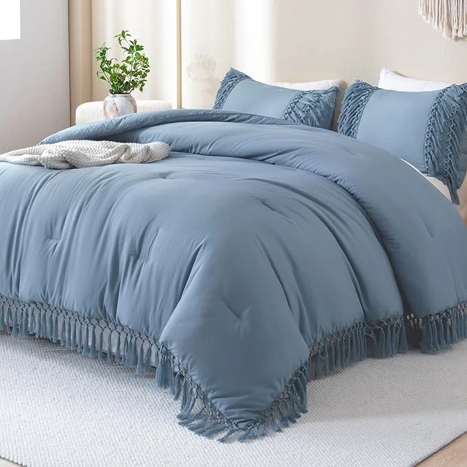Elite Andency Grayish Blue Comforter Set Queen 3 Pieces Boho Tassel Lightweight Soft Bedding Comforter Sets All Season Fluffy Fringe Bed Set 90x90In Comforter amp 2 Pillowcases Smart