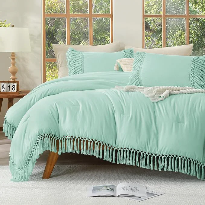 Andency Comforter King Size Set Mint 3 Pieces Boho Tassel Lightweight Fluffy Bedding Comforters amp Sets Soft All Season Bed Set 104x90In Comforter amp 2 Pillowcases Carefully Designed