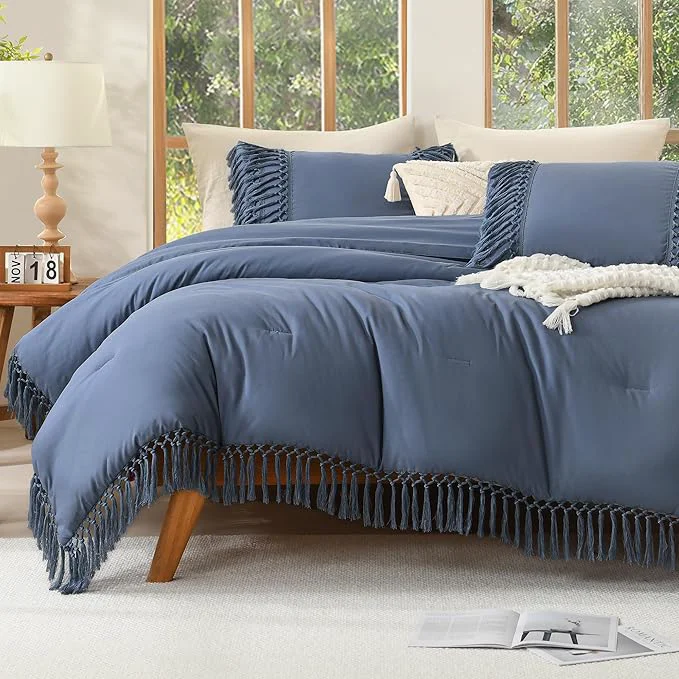 Innovative Andency Queen Comforter Set Bluish Grey 3 Pieces Boho Lightweight Fall Bedding Comforter Sets Tassel Bed Set 90x90In Comforter amp 2 Pillowcases Recyclable