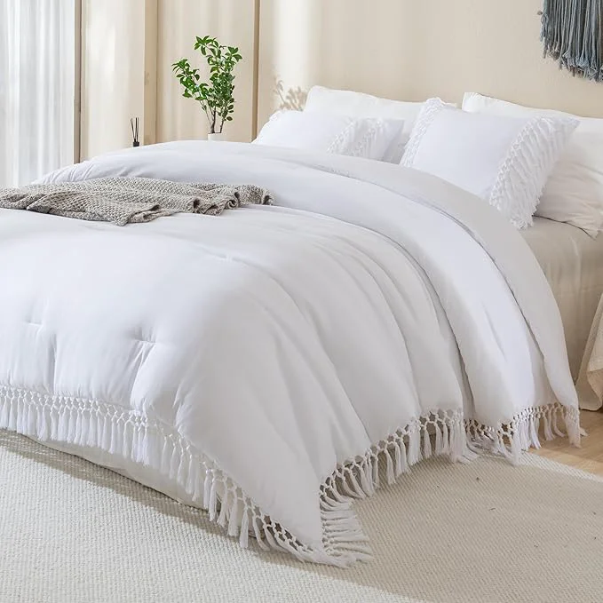 Trendy Andency White Comforter Set Queen 3 Pieces Boho Tassel Lightweight Soft Bedding Comforter Sets All Season Fluffy Fringe Bed Set 90x90In Comforter amp 2 Pillowcases Certified