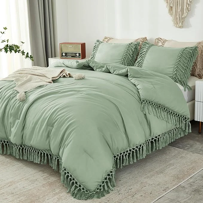 Reliable Andency Comforter King Size Set Sage Green 3 Pieces Boho Tassel Lightweight Vintage Soft Bedding Comforter Sets for King Bed All Season Fluffy Fringe Bed Set 104x90In Comforter amp 2 Pillowcases Minimalist