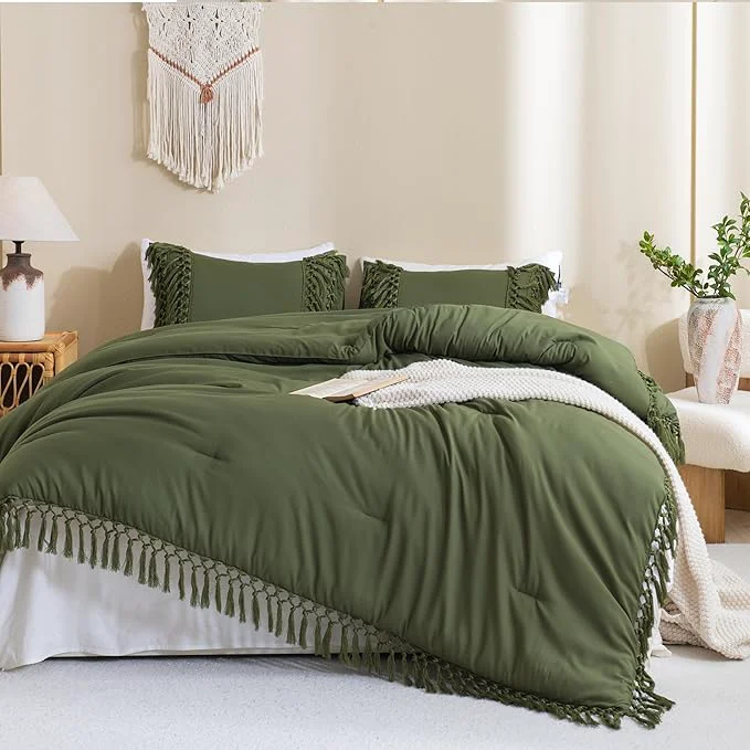 High-End Andency Olive Green Full Size Comforter Set 3 Pieces Boho Tassel Lightweight Soft Bedding Comforter Sets All Season Fluffy Fringe Bed Set 79x90In Comforter amp 2 Pillowcases Prestigious