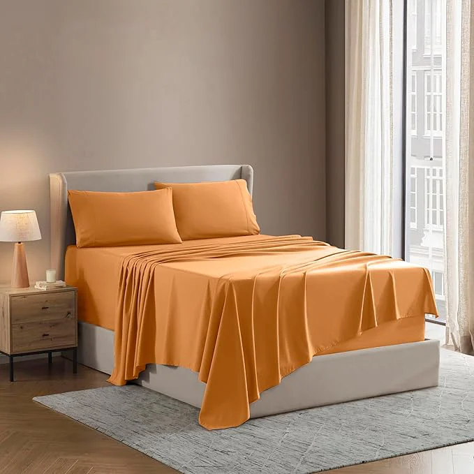 Traditional Nestl King Sheet Set – Luxury 1800 Ultra-Soft Microfiber King Bed Sheets – Double Brushed – Deep Pockets – Easy Fit – 4 Piece Set – Bedding Sheets amp Pillowcases King Light Orange Breathable