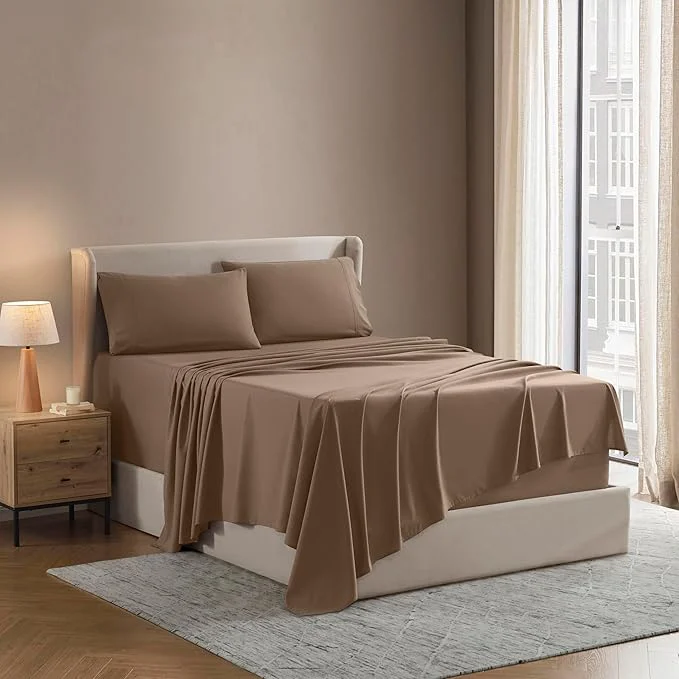 Easy-to-Use Nestl Short Queen Sheet Set – 1800 Ultra-Soft Microfiber – Double Brushed – Deep Pockets – Easy Fit – 4 Piece Set – Bed Sheets Short Queen Taupe Flexible