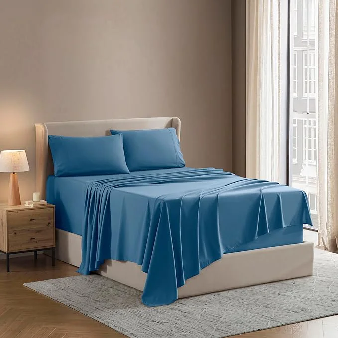 Consistent Nestl Short Queen Sheet Set – 1800 Ultra-Soft Microfiber – Double Brushed – Deep Pockets – Easy Fit – 4 Piece Set – Bed Sheets Short Queen Blue Heaven Fine
