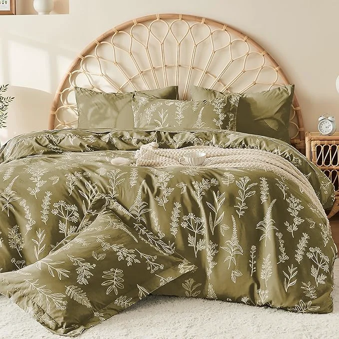 MUXHOMO Duvet Cover Full Size Reversible Floral Olive Green Duvet Cover Set with Zipper Closure 3 Pieces Botanical Patterns Soft Microfiber Bedding Set with 4 Ties 80 quot x90 quot 2 Pillow Cases Excellent