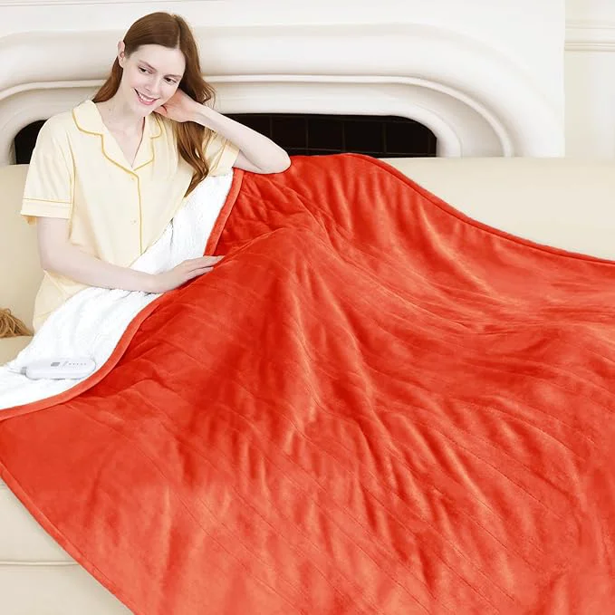Sophisticated Heated Blanket Electric Throw 50 quot x 60 quot – Soft Flannel Sherpa Heated Blanket with 5 Heating Levels amp 4 Hours Auto Off Heating Blanket Throw as a Gift for Grandma Machine Washable Orange Outstanding