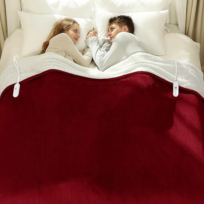 Elite Electric Blanket Queen Size 84 quot x 90 quot – Flannel Sherpa Washable Heated Blanket with Dual Control 5 Heating Levels amp 10 Hours Auto Off Heating Blanket with Overheat Protection for Home Red Stylish