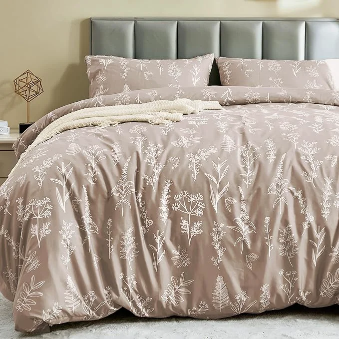 Smooth MUXHOMO Duvet Cover Queen Size Reversible Floral Taupe Duvet Cover Set with Zipper Closure 3 Pieces Botanical Patterns Soft Microfiber Bedding Set with 4 Ties 90 quot x90 quot 2 Pillow Cases Genuine