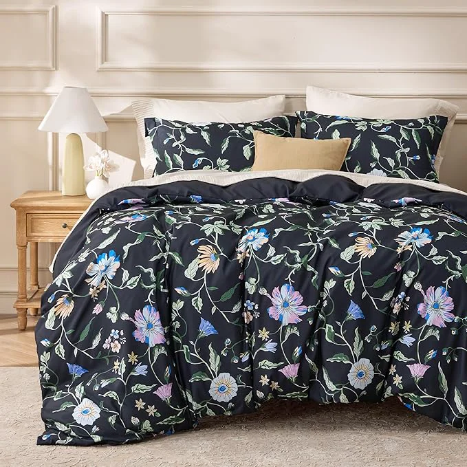 Carefully Designed Bedsure Duvet Cover King Size – Reversible Black Vine Flowers Duvet Cover Set with Zipper Closure 3 Pieces Black Bedding Set with 8 Corner Ties and 2 Pillow Shams 20 quot x36 quot Traditional