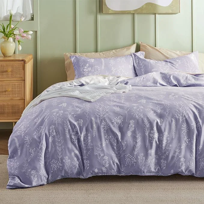 Refined Bedsure Duvet Cover Queen Size – Reversible Lilac Purple Queen Duvet Cover Set with Zipper Closure 3 Pieces Cute Floral Patterned Bedding Set with 8 Corner Ties and 2 Pillow Shams Durable