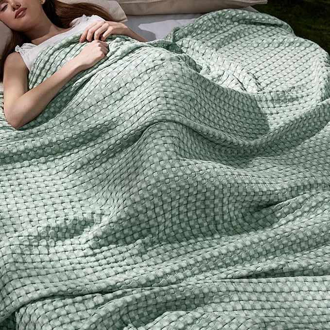 Trendy Bedsure Cooling Cotton Waffle King Size Blanket – Lightweight Breathable Blanket of Rayon Derived from Bamboo for Hot Sleepers Luxury Throws for Bed Couch and Sofa Mint Green 104×90 Inches Certified