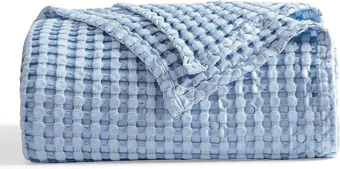 Superior Bedsure Cooling Cotton Waffle King Size Blanket – Lightweight Breathable Blanket of Rayon Derived from Bamboo for Hot Sleepers Luxury Throws for Bed Couch and Sofa Sky Blue 104×90 Inches Comfortable