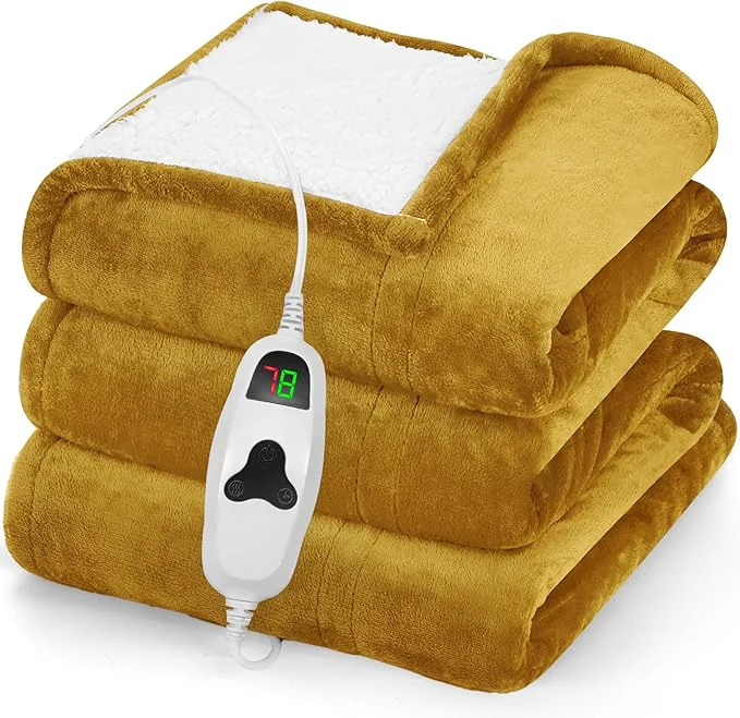 First-Class greenoak Heated Blanket Electric Throw 50 quot X60 quot Heating Blankets with 10 Heat Levels 8 Hours Auto-Off Soft Flannel Sherpa Fluffy House Warming Gifts for Grandma Seniors Mom Brownish Yellow Stylish