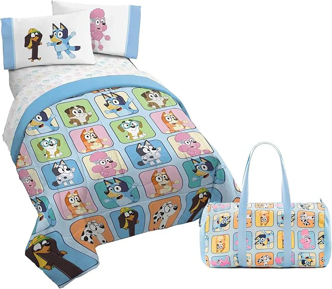 Elegant Jay Franco Bluey Twin Size Comforter Set – 4 Piece Bedding Includes Sheet Set Pillow Covers amp Bonus Duffle Bag – Super Soft Kids Bedding with Bingo Muffin Coco amp Snickers Original