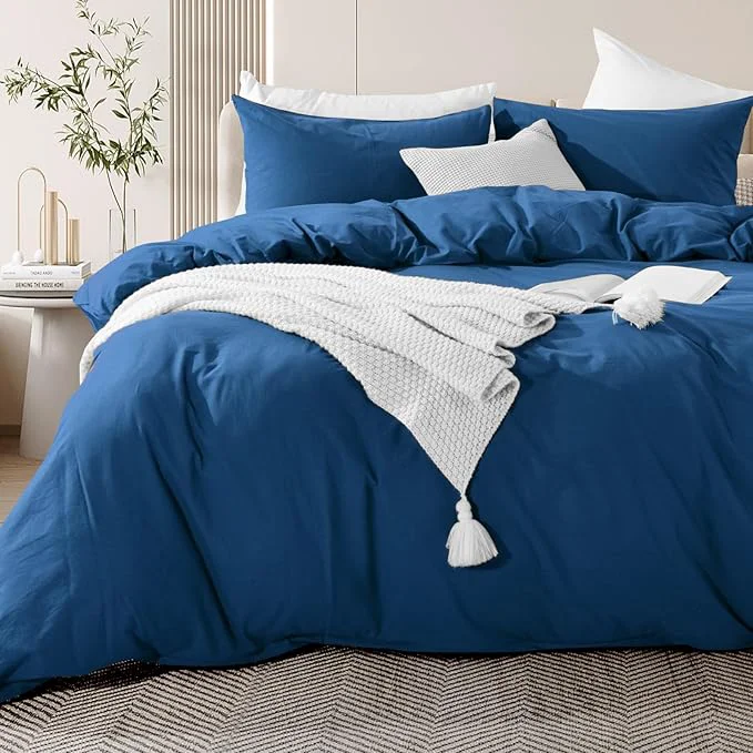 Functional NEXHOME PRO Duvet Cover Set Queen Size Linen Feel Textured Navy Organic Natural Washed Cotton Duvet Cover 3 Pieces Bedding Set with Zipper Closure Breathable Soft No Comforter Exclusive