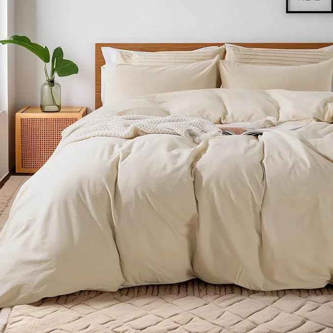 High-End NEXHOME PRO Duvet Cover Set Queen Size Linen Feel Textured Organic Natural Washed Cotton Duvet Cover 3 Pieces Bedding Set with Zipper Closure Breathable Soft No Comforter