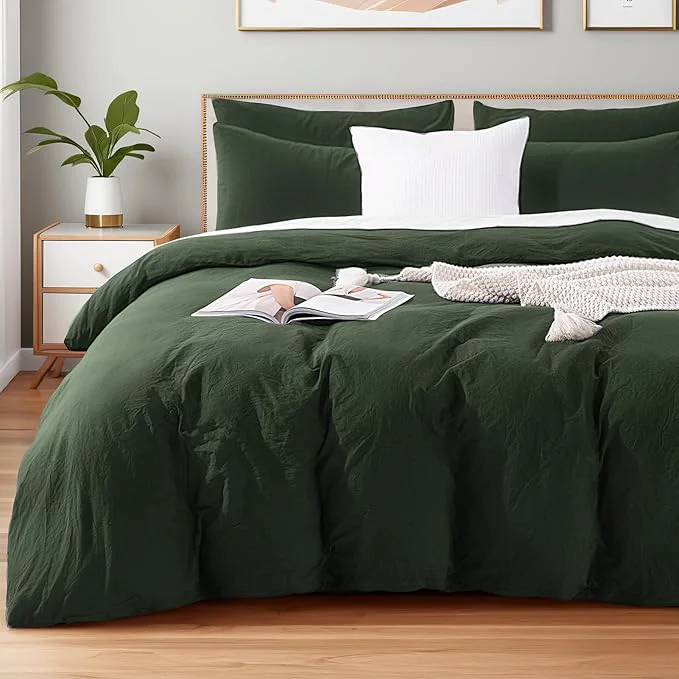 Crafted NEXHOME PRO King Duvet Cover Set – Organic Cotton with Washed Feel amp Linen-Like Texture Comfortable amp Breathable Home Bedding Set Olive Green No Comforter Specialty