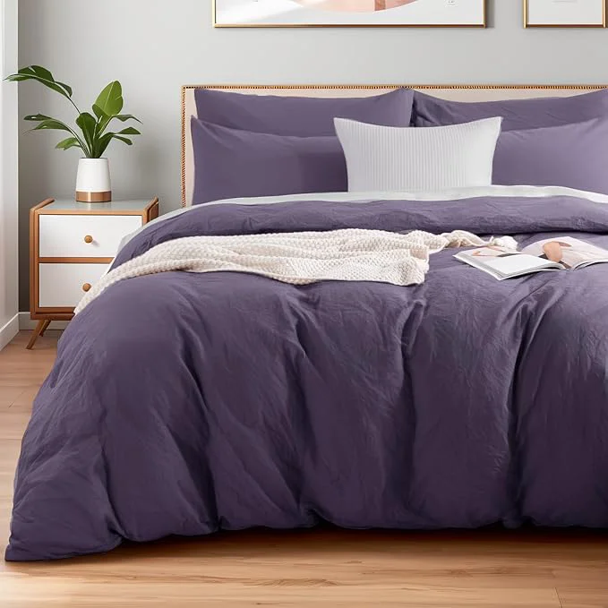 Lightweight NEXHOME PRO Washed Cotton Duvet Cover King Size Ogranic Natural Linen Feel Breathable Bedding Set with Zipper Closure 3 Pieces Duvet Cover Set Eggplant No Comfortert 10490 Practical
