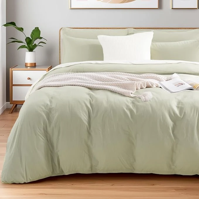 Contemporary NEXHOME PRO Duvet Cover Set Super Queen 92 quot x98 quot Linen Feel Textured Organic Natural Washed Cotton Duvet Cover 3 Pieces Bedding Set Zipper Closure Breathable Mint Green No Comforter Environmentally Friendly