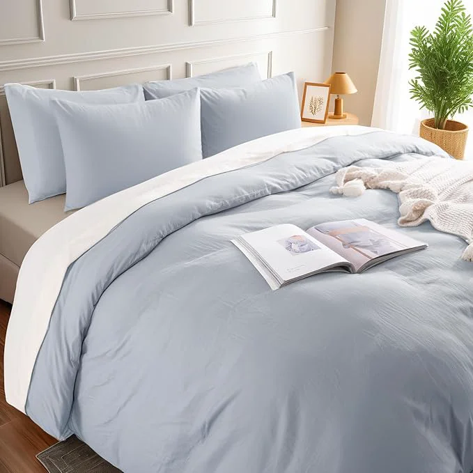 Excellent NEXHOME PRO Twin Duvet Cover Set Washed Cotton with Linen-Like Texture Natural Organic Breathable amp Comfortable Includes Home Bedding Set Cornflower Blue No Comforter 6890 Clean