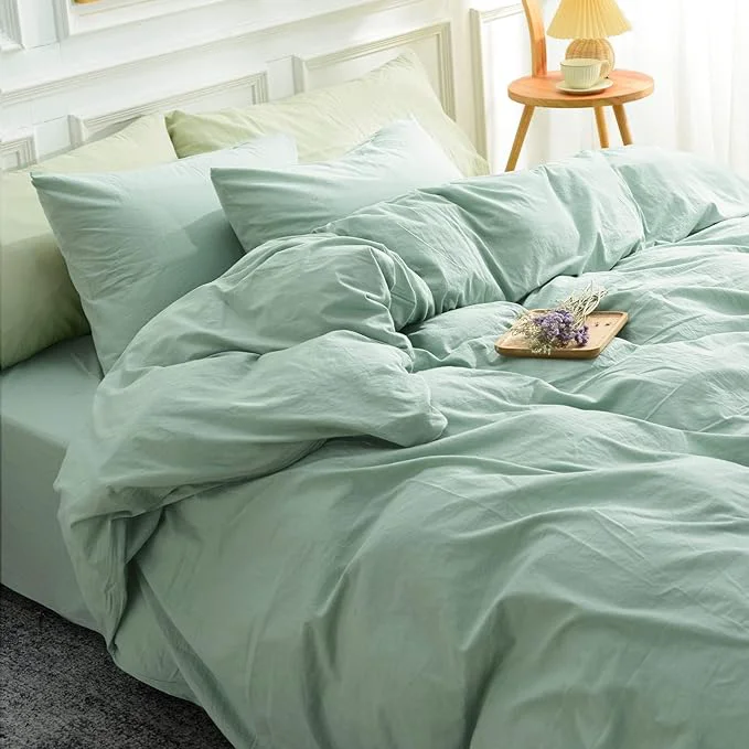 Fine NEXHOME PRO Green Duvet Cover Set Oversized Queen 98 quot x98 quot Linen Feel Textured Organic Natural Washed Cotton Duvet Cover 3 Pieces Bedding Set Zipper Closure Breathable Soft No Comforter Elegant