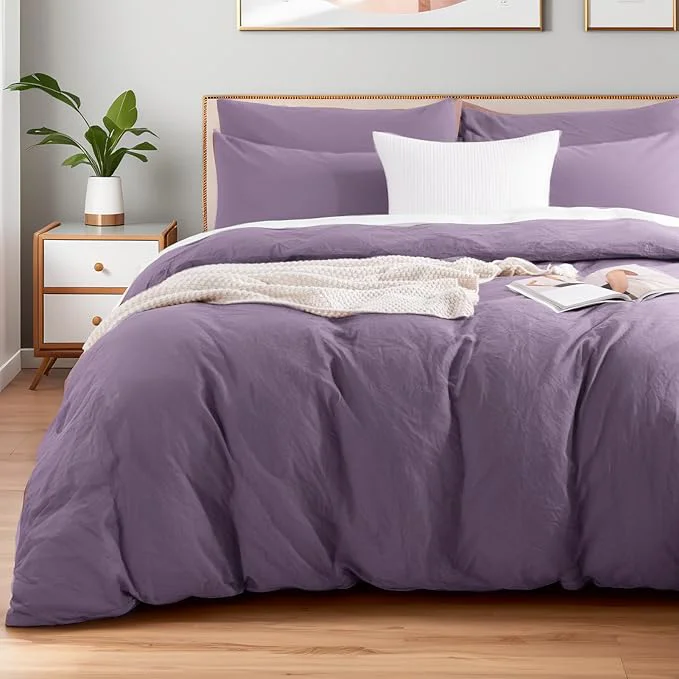 Professional NEXHOME PRO Full Duvet Cover Set Washed Cotton with Linen-Like Texture Natural Organic Breathable amp Comfortable Includes Home Bedding Set Dusty Purple No Comforter 8090 Consistent