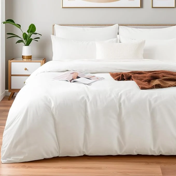 Original NEXHOME PRO Duvet Cover Set Washed Cotton Full Size Linen Feel Textured Organic Natural 3 Pieces Bedding Set with Zipper Closure and Corner Ties Breathable and Soft White No Comforter Trusted