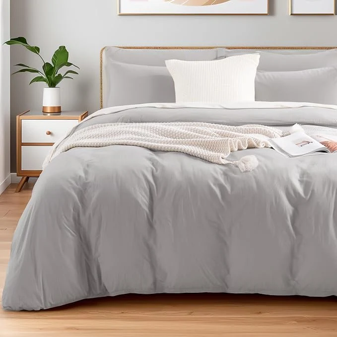 Classic NEXHOME PRO Duvet Cover Set Washed Cotton Full Size Linen Feel Textured Organic Natural 3 Pieces Bedding Set with Zipper Closure and Corner Ties Breathable and Soft Light Grey No Comforter High-End