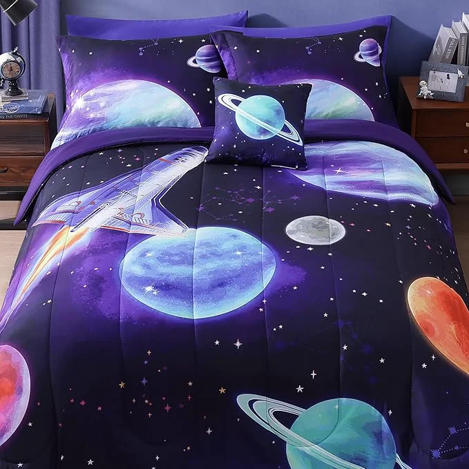 Optimized Full Size Comforter Set for Boys – 4 Pieces Navy Blue Space Rocket Full Bedding Sets for Kids 1 Comforter 2 Shams and 1 Decor Pillow Verified