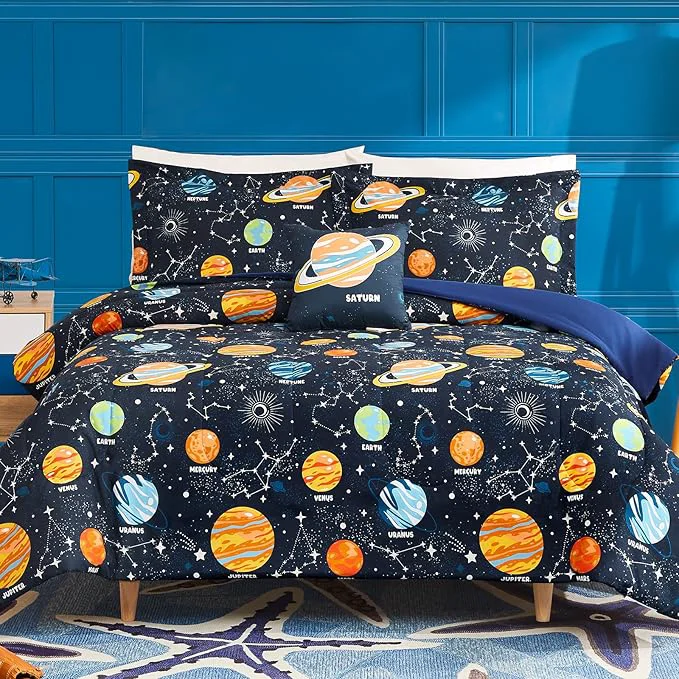 Healthy Twin Comforter Set for Boys-3 Pieces Space Glow in the Dark Twin Bedding Sets for Kids 1 Comforter 1 Sham and 1 Decor Pillow Green