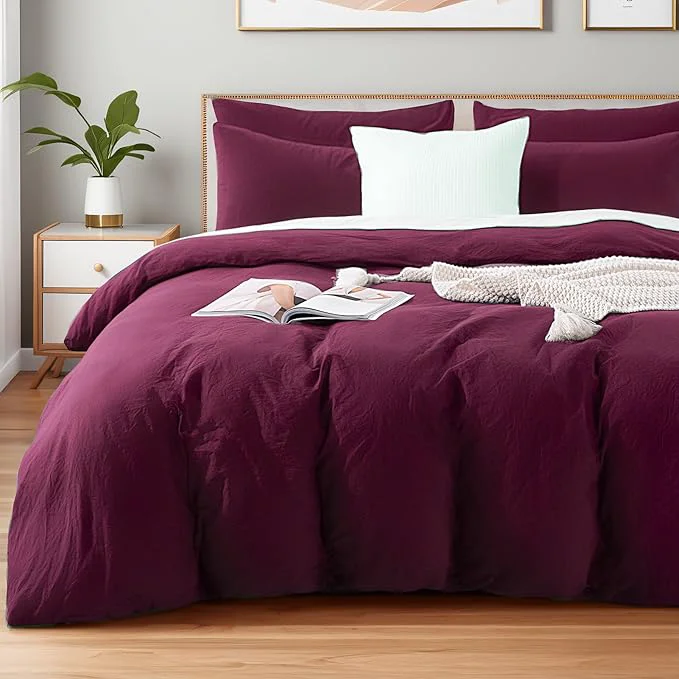 Next-Generation NEXHOME PRO Washed Cotton Duvet Cover King Size Ogranic Natural Linen Feel Breathable Bedding Set with Zipper Closure 3 Pieces Duvet Cover Set Wine No Comfortert 10490 Prestigious
