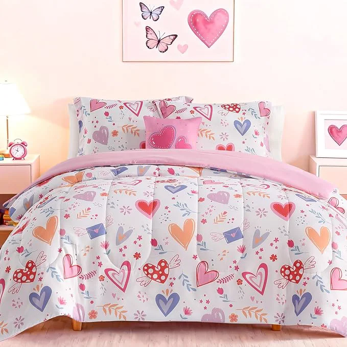 Trendy Twin Comforter Set for Girls-3 Pieces Heart Love Twin Bedding Sets for Kids 1 Comforter 1 Sham and 1 Decor Pillow High-Grade