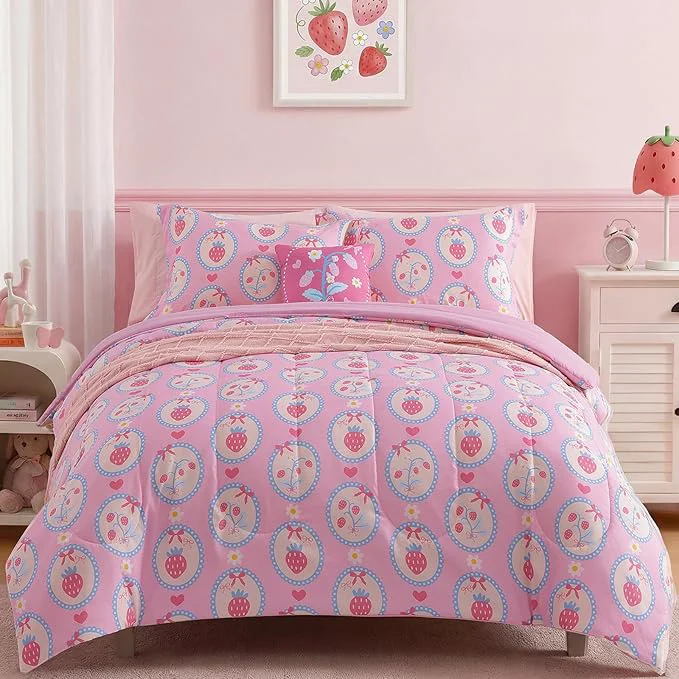 High-End Full Size Comforter Set for Girls – 4 Pieces Pink Strawberry Full Bedding Sets for Kids 1 Comforter 2 Shams and 1 Decor Pillow Modern