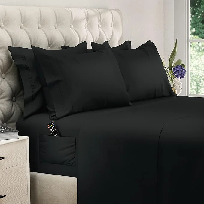 Efficient DREAMCARE California King Sheet Sets – 6 pcs Cooling Bed Sheets – up to 15 Deep Cal King Sheets – 2500 Supreme Collection – Extra Soft Brushed Microfiber Hotel Luxury with Side Pocket – Black Selected