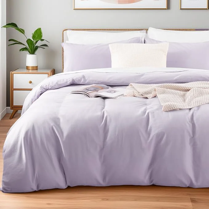 Reusable NEXHOME PRO King Duvet Cover Set Washed Cotton with Linen-Like Texture Natural Organic Breathable amp Comfortable Includes Home Bedding Set Lilac No Comforter 10490 Refined