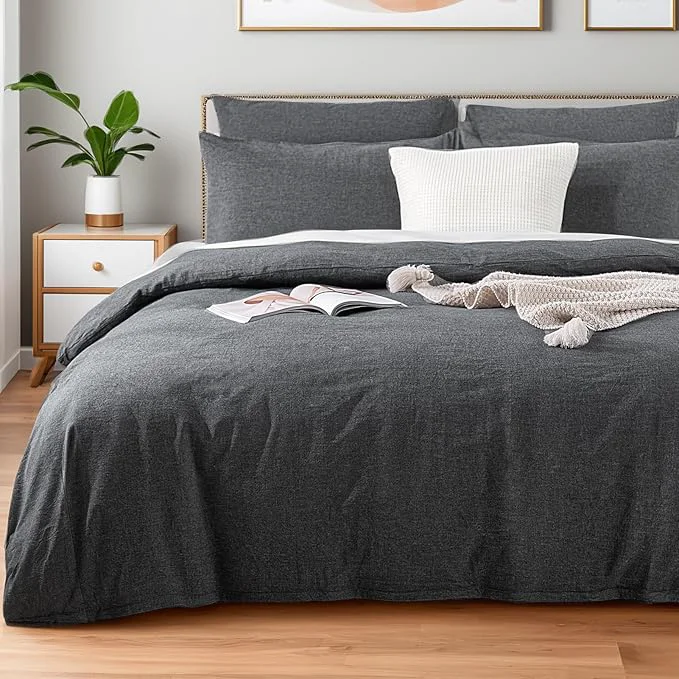 Original NEXHOME PRO Duvet Cover Full Washed Cotton Organic Natural Linen Like Textured Breathable Durable Bedding Set Heather Black 8090 Refined