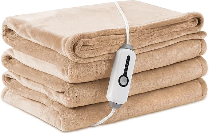 Lightweight Electric Heated Blanket Throw Size 50 quot ×60 quot Breathable amp Luxurious Flannel Soft Warm Gift with Over-Heat Protection 4 Heating Levels amp 3 H Auto Shut Off Machine Washable Light Brown Detailed