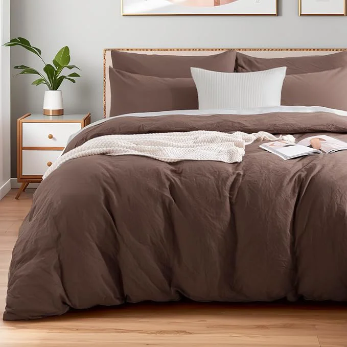 Pure NEXHOME PRO Oversized King Duvet Cover Set Organic Cotton with Washed Feel amp Linen-Like Texture Comfortable amp Breathable Home Bedding Set Dark Brown No Comforter Selected
