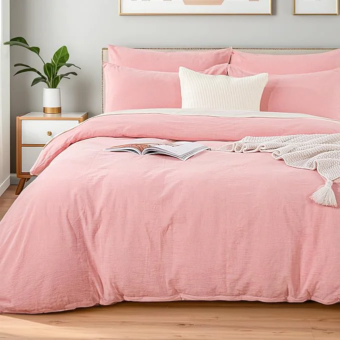 Pure NEXHOME PRO Duvet Cover Queen Washed Cotton Organic Natural Linen Like Textured Breathable Durable Home Bedding Set Heathered Pink 9090 High-Quality
