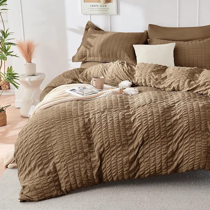 Fast HYMOKEGE Brown Duvet Cover Full Size Ultra Soft 3-Piece Seersucker Duvet Cover Set with Zipper Closure Soft Brushed Microfiber Bedding Set with 8 Corner Ties 80 quot x90 quot 2 Pillowshams User-Friendly