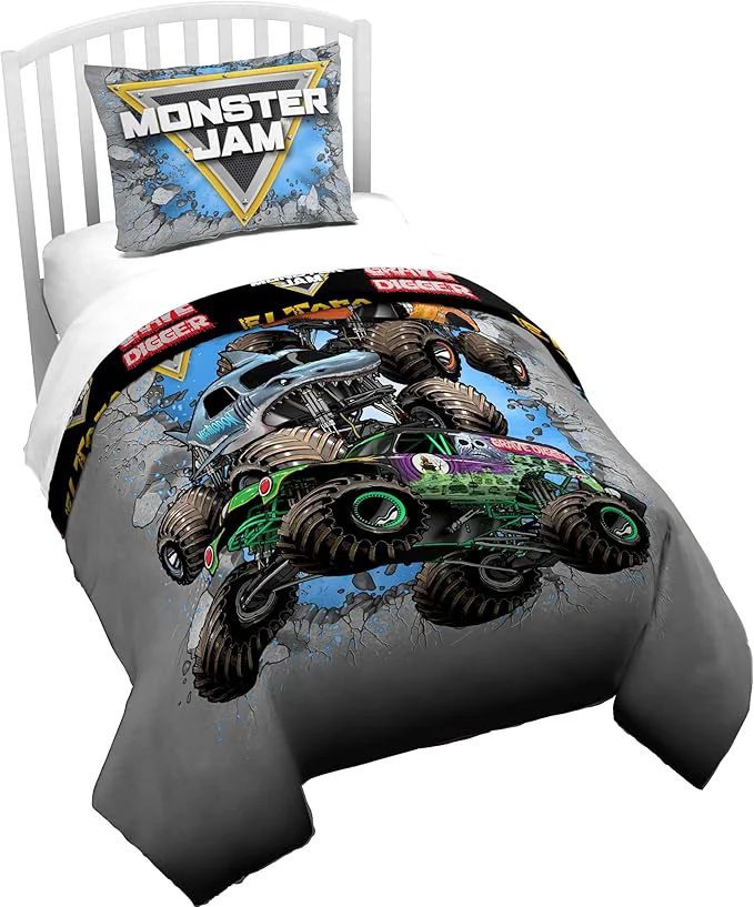 Exceptional Jay Franco Duvet Cover Set – 2 Piece Comforter Cover and Sham Set Super Soft Cozy Kids Bedding Insert Not Included Grey – Monster Jam Twin First-Class