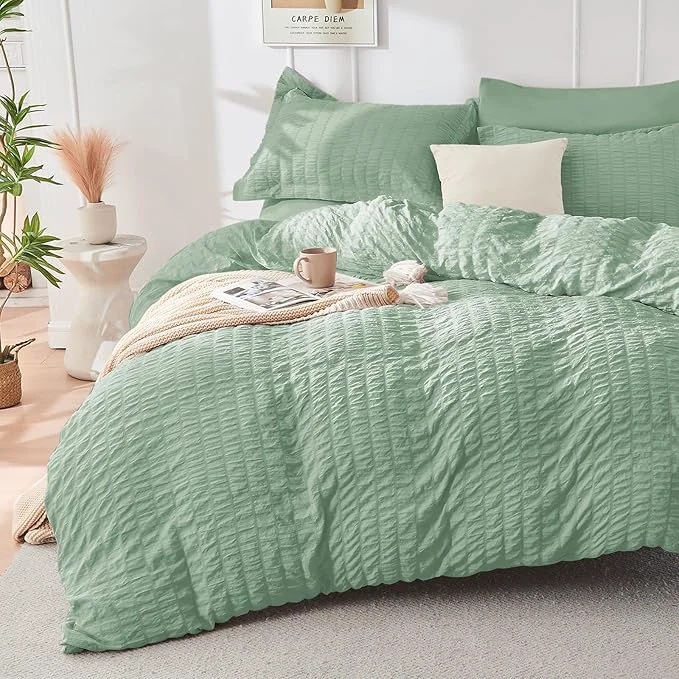 Sophisticated HYMOKEGE Sage Green Duvet Cover Queen Size Ultra Soft 3-Piece Seersucker Duvet Cover Set with Zipper Closure Soft Brushed Microfiber Bedding Set with 8 Corner Ties 90 quot x90 quot 2 Pillowshams Environmentally Friendly