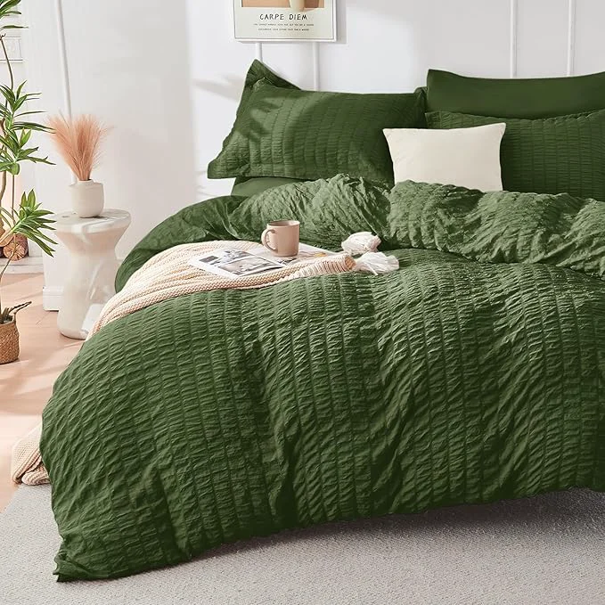 Artisan HYMOKEGE Olive Green Duvet Cover King Size Ultra Soft 3-Piece Seersucker Duvet Cover Set with Zipper Closure Soft Brushed Microfiber Bedding Set with 8 Corner Ties 104 quot x90 quot 2 Pillowshams Efficient